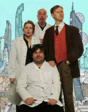 The NEBULOUS crew. Left to right:- Rosie Cavaliero (Paula), Graham Duff (Rory), Mark Gatiss (Prof. Nebulous), and Paul Putner (Harry)