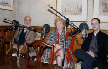 Christopher Lee, Sarah Lawson and Marcus Hearn at the 1997 recording for the laserdisc/DVD narration of The Devil Rides Out.