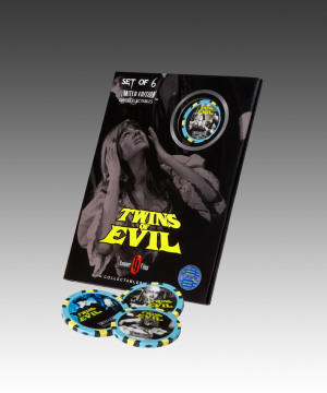 Packaging artwork for the Hammer Films Twins of Evil poker chips from Bond International / Collectablesmania